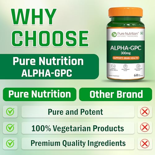 Image of Pure Nutrition Alpha GPC 300mg with L- Glycerophosphorylcholine Cognitive Function | Powerful Alpha GPC Supplement Helps to Improve Focus, Mental Clarity & Memory | Brain Health Supplement for Men & Women - 60 Veg Capsules