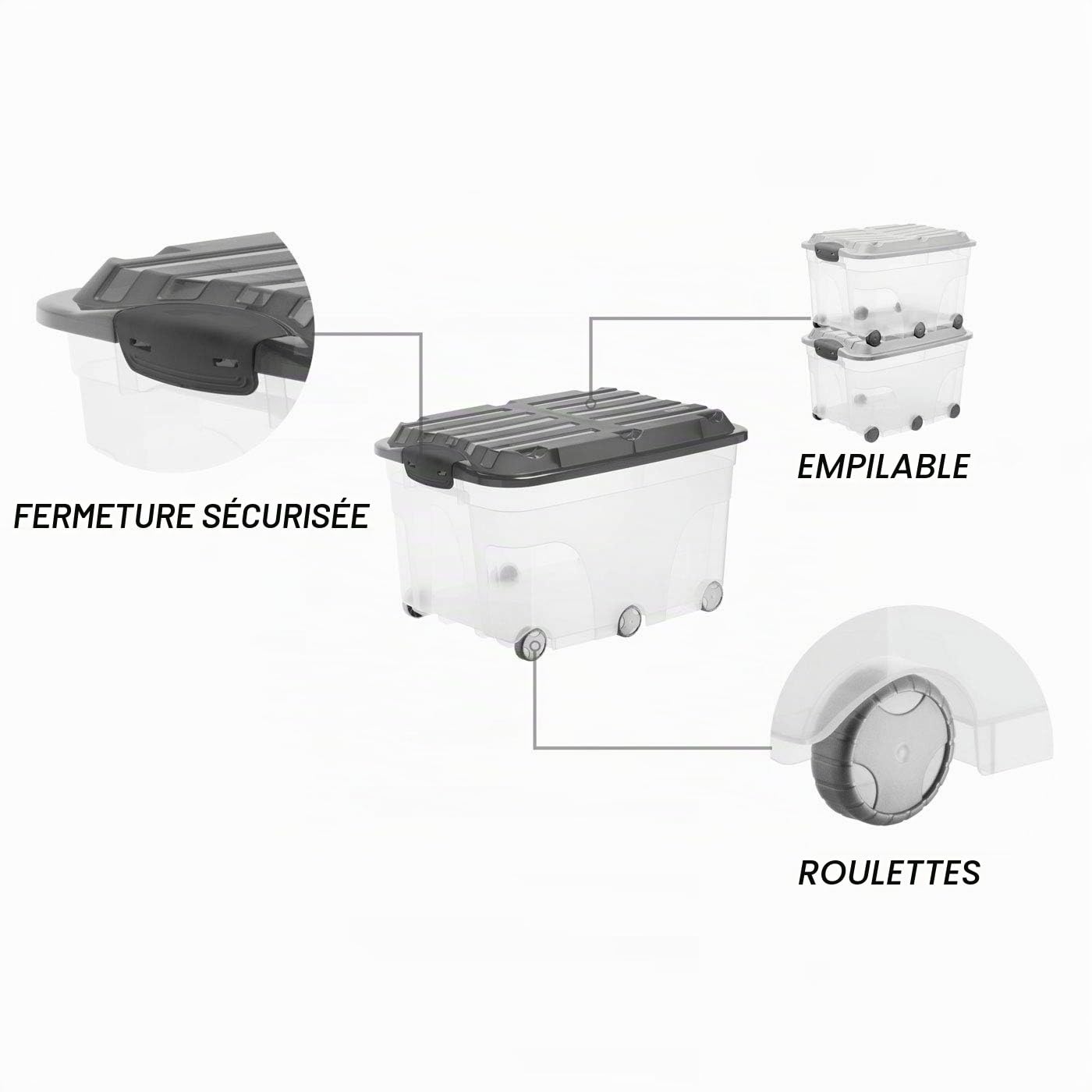 Rotho Roller 6 Boîte de rangement avec couvercle 57 L à roulettes gris