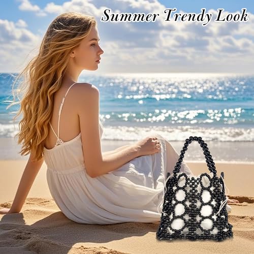 Image of YYW Unique Handmade Wooden Bead Tote Bag for Women, Small Handwoven Clutch Purses Woven Bucket Handbag and Drawstring Handbag
