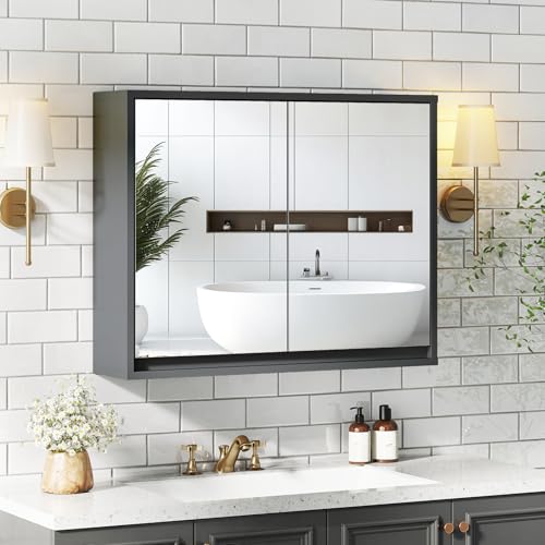 COSTWAY Bathroom Mirror Cabinet, Wall Mounted Storage Cupboard with Shelf, Home Kitchen Living Room Display Organiser Unit (Smaller Double Door, Grey) - Cosy Home Interiors COSTWAY Bathroom Mirror Cabinet, Wall Mounted Storage Cupboard with Shelf, Home Kitchen Living Room Display Organiser Unit (Smaller Double Door, Grey) - Image 2