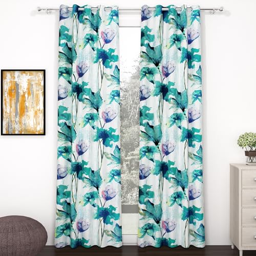 Image of Door Curtains 7 feet Long Set of 2 | Floral Design | Polyester, Light Filtering Curtains and Drapes | Curtains for Living Room | (118 x 215 cm, Blue & White) | Perfect for Home Decor