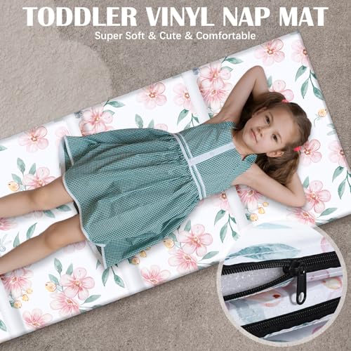 Image of Shellwei Vinyl Nap Mat Kid Preschool Daycare Sleep Mat,Flower | 1 inch Thickness, 45 inch x 19 inch x 1 inch, 4-section Softness Rest Mat, Suitable for Daycare Travel, and Home, Easy to Clean