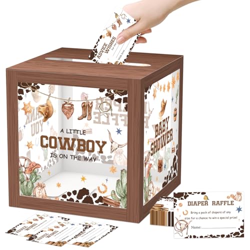 Image of 51Pcs Cowboy Baby Shower Diaper Raffle Box with 50 Tickets, A Little Cowboy Is On The Way Diaper Raffle Game Box for Gender Reveal Party Decoration