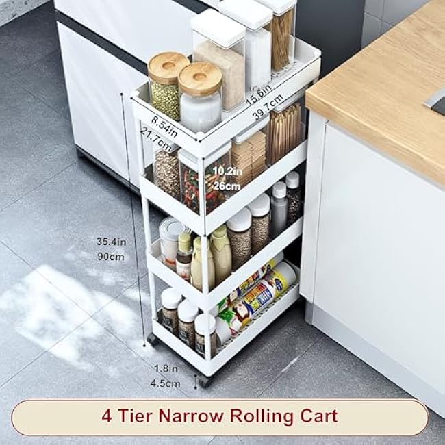 Slim Storage Cart with Wheels Lockable, 4 Tier Narrow Rolling Cart, Hooks and Basket, Multi Cart Organizer for Kitchen Bathroom Laundry Bedroom Office-9ux9V1l1
