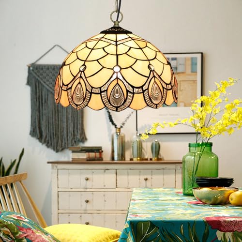BOTOWI Tiffany Hanging Lamp, Stained Glass Ceiling Pendant Fixture with 12 Inch Wide Handmade Beige Lampshade, Cream Vintage Antique Pendant Lighting for Dining Hallway Kitchen Balcony,Pintail - Image 2