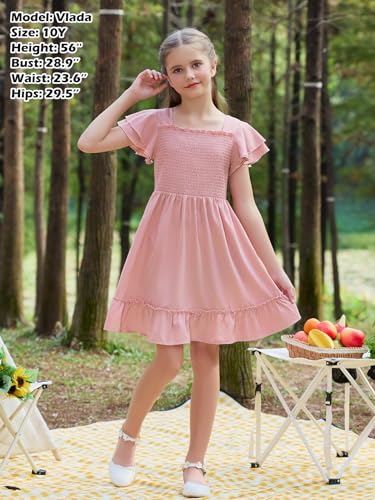 GORLYA Girls Square Neck Elegant Flowy Sleeve Shirred Bodice Ruffle Hem Babydoll A-Line Dress 6-14Y4
