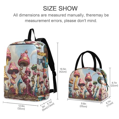 Magical Mushrooms Print Backpack Set with Lunch Bag, Large Capacity Travel Backpacks and Lunch Box Insulated for Commute Hiking Picnic2