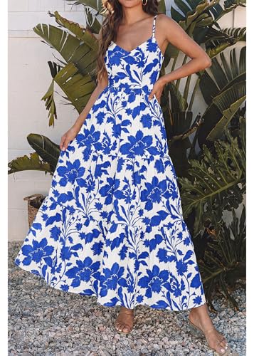 Image of KIRUNDO Sundresses for Women 2026 Spring Summer | Boho Floral Print Hawaiian Style, Sleeveless Spaghetti Strap, With Pockets, Beach Vacation Cruise Flowy Maxi Dress