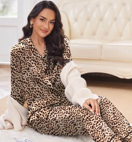 Ekouaer Silk Satin Pajamas Women's Long Sleeve Pj Set Soft Button Down 2 Piece Sleepwear Loungewear S-XXL3