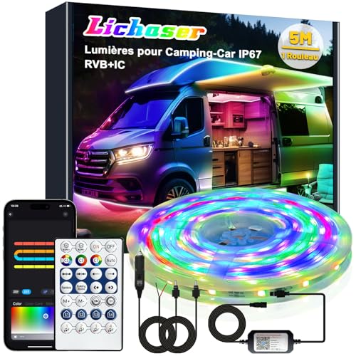 Lichaser 12V Bande LED Camping Car IP67, Lampes éclairage pour Camping Car RGB+IC avec Application et Télécommande, Convient pour l'éclairage Intérieur et...