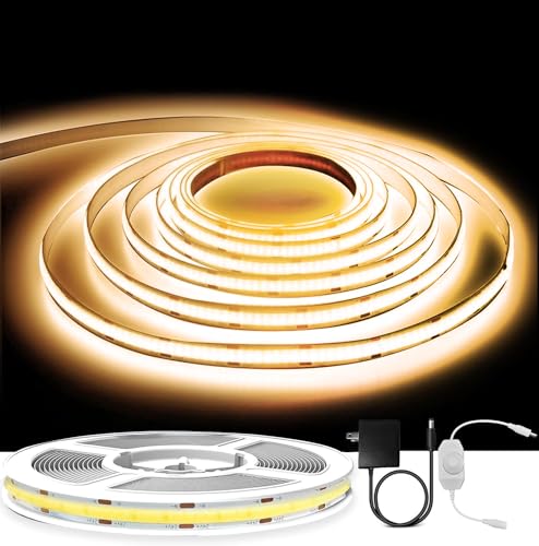 GUPUP 16.4ft COB Turnable Rope Light, Warm White LED Strip Light, 3000K 24V 1600 LEDs Density Lighting Strip with Dimmable Switch, 3M Adhesive, CRI?90 for Cabinet, Kitchen, Mirror, Home Decoration