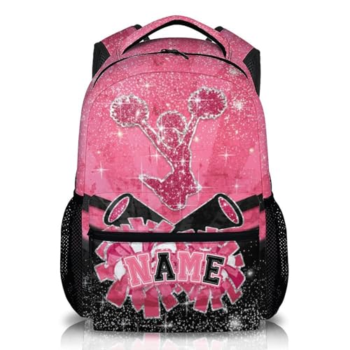 Cheer School Backpack for Girls Cheerleaders, Personalized Pink Glitter Backpacks for Kids Teams Kindergarten Preschool, 17 Inch Lightweight Custom Bookbag, Back to School Gift