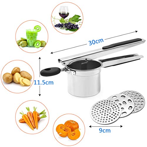 Foto von HOTLIKE Kartoffelpresse aus Edelstahl, Spätzlepresse 6 PCS Set, Professionelle Spätzlechef mit 3 Lochscheiben, Schäler, Pinsel, Presse Ricer für Kartoffelpüree, Obstsäfte, Gemüsebrei & Püree