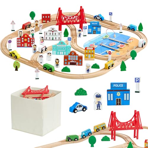 VEVOR Circuit de Train Bois Enfants 3-8 Ans Ensemble Rails de Train en Bois 113 PCS Jouet pour Noël Anniversaire Petits Garçons Filles, Compatible avec...