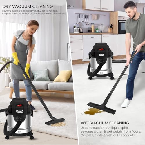 Image of INALSA CleanMaster 12 Wet & Dry Vacuum Cleaner | 1200W High Power | 17 kPa Powerful Suction | 12L Stainless Steel Tank | Blower Function | Advanced Filtration | Overheat Protection | 1 Year Warranty