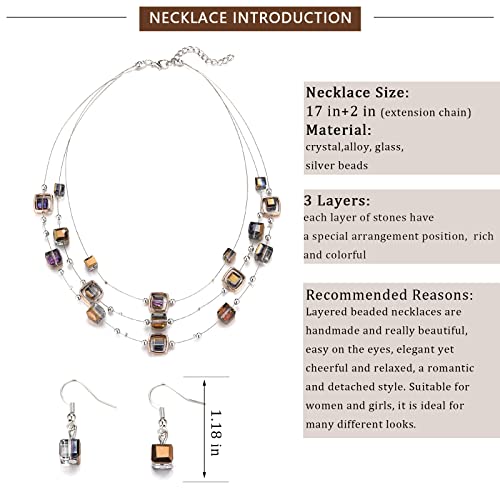 Layered Silver Beaded Necklace For Women Square Crystal Beads Statement Collar Necklace And Earrings Fashion Costumes Jewelry Sets For Women(Metal) #TOP4
