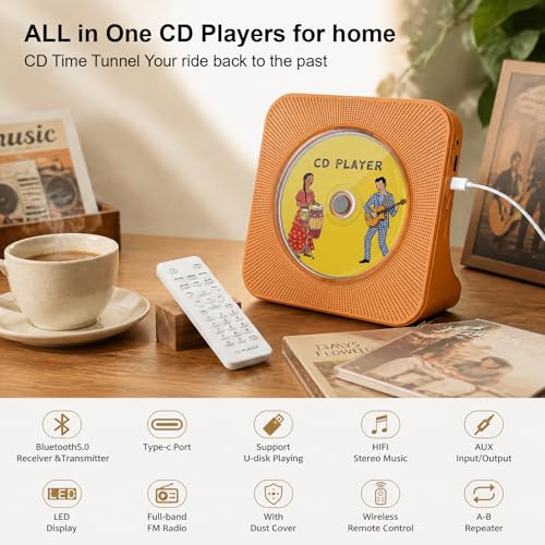 Image of Gueray CD Player Portable Bluetooth Desktop CD Player for Home with Timer Built-in HiFi Speakers with LCD Screen Display Boombox FM Radio USB Type-c (Orange)