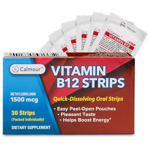 CALMOUR Vitamin B12 Strips 30 Pack | Easy Oral Dissolvable Mint Flavored Strips | 1500 mcg Strips | VIT B12 Dissolve Under Tongue | Methylcobalamin B-12 Vitamin Formula | Vegan Friendly & Gluten Free Cover