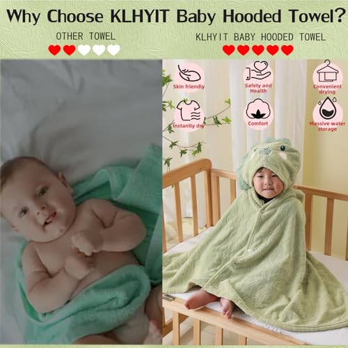 Image of Unisex Toddler Bath Towel with Hood, 27.5 inchX55 inch, Green, Anime Dinosaur Pattern, Coral Fleece, Machine Wash, 1 Count