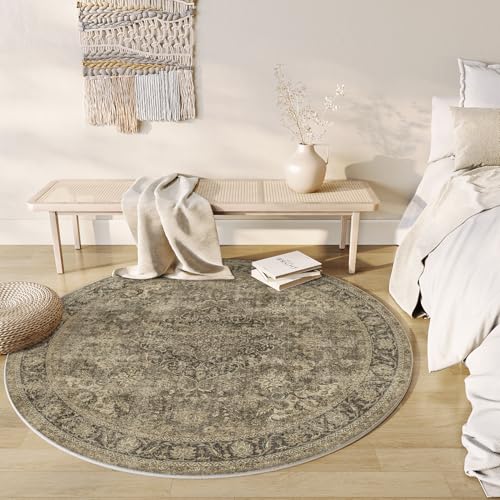 6x6 Washable Round Rug Brown Vintage Living Room Bedroom Low Pile Traditional Circle Area Rug Non Slip Retro Distressed Soft Thin Accent Throw Rug for Entryway Dining Room