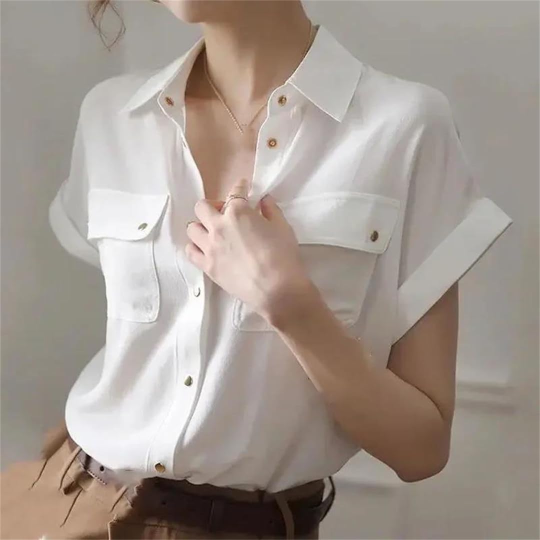 Chemisier d'été en mousseline de soie blanche à manches courtes pour femme