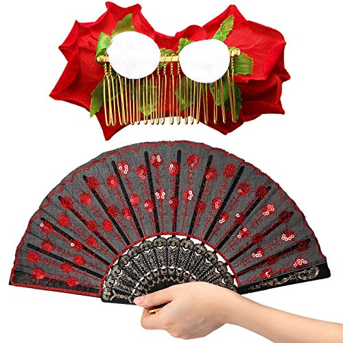 2 Pieces Women Rose Flower Hair Clip and Embroidered Sequins Fabric Handheld Folding Fan Mexican Hair Accessories for Flamenco Dancer Day of The Dead Costume Wedding Party Mother's Day(Red)