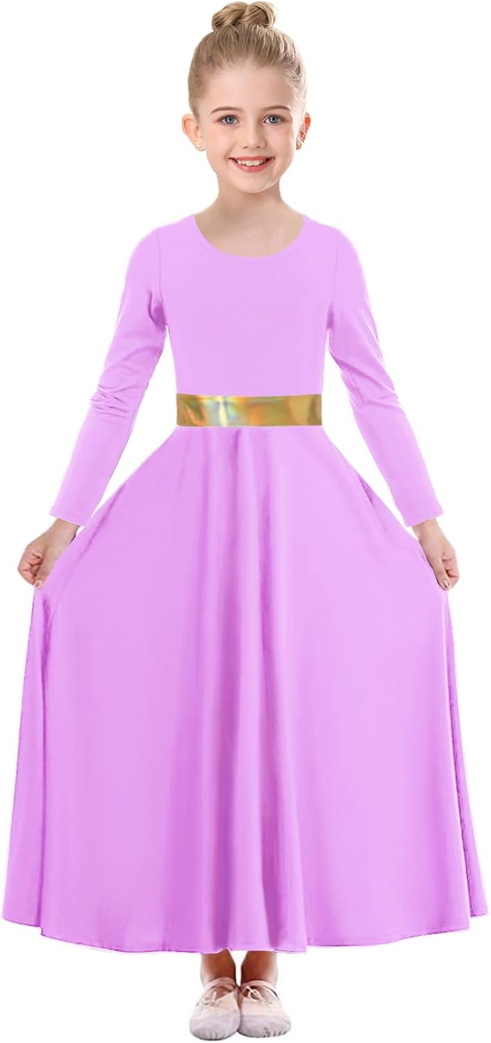 Girls Praise Dance Dress Metallic Long Sleeve Liturgical Worship Costumes Lyrical Dancewear Church Robe