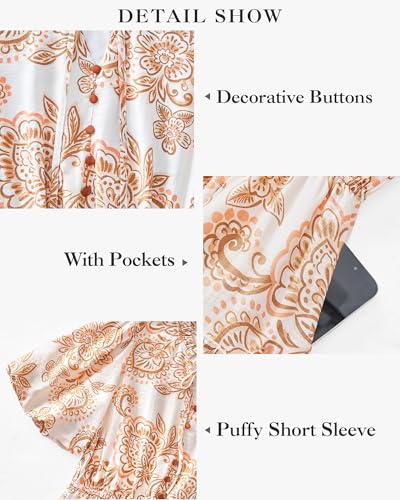 BTFBM Women Summer Floral Short Dresses V Neck Short Sleeve Tiered Ruffle Boho Swing Dress A-Line Mini Dresses(White Apricot Floral,Small)