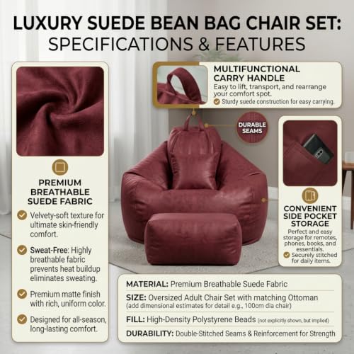 Image of KAM'S LIEU 5XL Premium Imported Suede Bean Bag Chair with Footrest & Cushion | Filled with High Density Polystyrene Beans | Premium Soft Fabric | Ready to Use Color- (Maroon, 5XL)