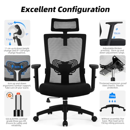 Daccormax Bürostuhl Ergonomisch, Schreibtischstuhl mit Verstellbarer Kopfstütze, Armlehnen, Lendenwirbelstütze, Drehstuhl Wippfunktion, Chefsessel aus Mesh,Rückenschonend, Bürostuhl 150kg