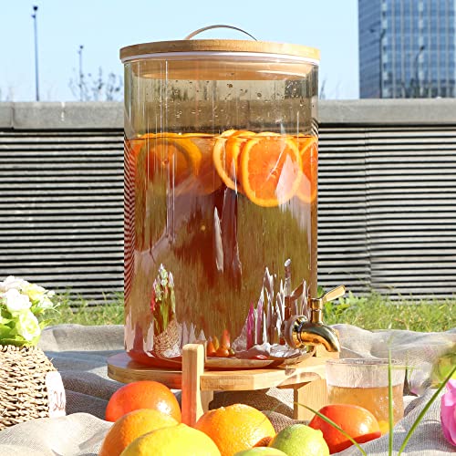 1.8 Gallon Beverage Dispenser 7L Glass Drink Dispenser For Both Iced Or Hot Drinks With Wood Stand & 1 Faucet Sets For Replacement Glass Jar Container By U.s. Solid #TOP1