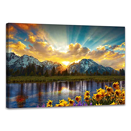 SKASNFAI Grand Teton National Park Wall Art Sunflower Landscape Canvas Mountain Artwork Landscape Print for Living Room Framed (12x16 inch)