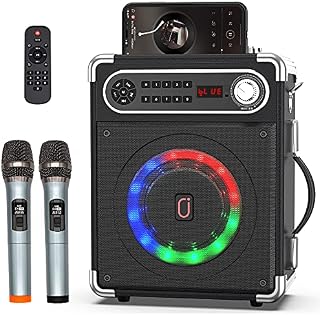 JYX Karaoke Machine with Two Wireless Microphones, Portable Bluetooth Speaker with Bass/Treble Adjustment, Remote Control and LED Lights, Supports TF Card/USB, AUX IN, FM, REC for Party