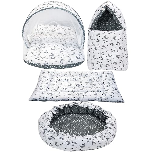 Image of Fareto Combo of Baby Nest | Net with Bed | Carry Bag | 4 Pcs Bedding Set(0-6 Months) (Fullset Nest) (Full Set Nest Grey Moon)