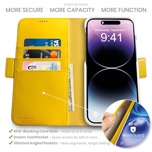 Image of dreem Fibonacci Compatible with iPhone 14 Pro Max Wallet case / 2-in-1 Shockproof case and Detachable Vegan Leather Folio, MagSafe Compatible, RFID Protection [Yellow]