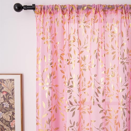 Deeprove Sheer Curtains 72 inches Long 2 Panels for Bedroom Living Room Baby Girl Princess Room Nursery, Abstract Metallic Gold Foil Vine Leaves Print...