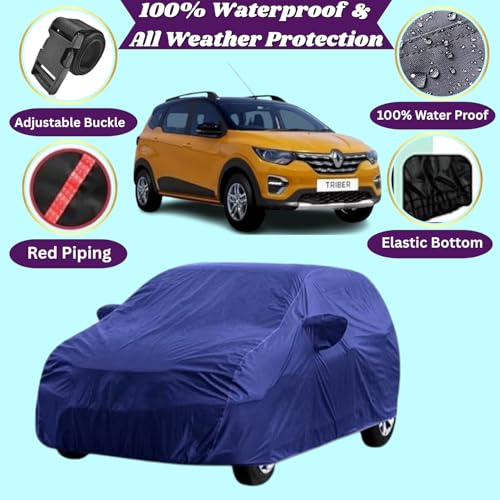 Image of 100% Waterproof Car Body Cover Compatible with Renaults Triber (2015 to 2026), with Mirror Pockets, Long Lasting Strong Durable Material, Bottom Elastic Triple Stitched (Blue)