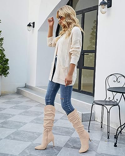 Coutgo Womens Knee High Boots Faux Suede Almond Toe Stiletto High Heel Slouchy Side Zipper Booties4