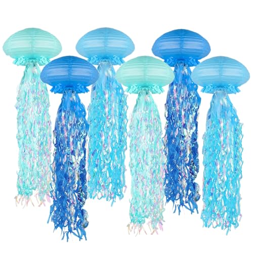 Jellyfish Paper Lanterns, 6 Pack Hanging Jelly Fish for Under The Sea Party Decorations, Mermaid Ocean Themed Birthday Party Decorations, Classroom Decor (Blue)
