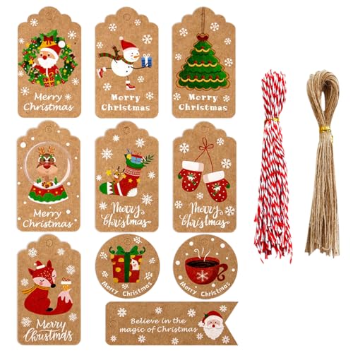 Youery 100 peças etiquetas de Natal, etiquetas de presente de Natal, etiquetas de papel kraft de Natal com corda, etiqueta pendente para decoração de árvore, etiquetas de presente de papel kraft