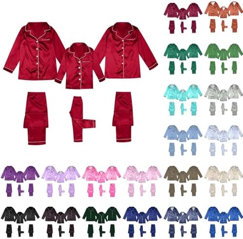 Family Christmas Pajamas Matching Sets Solid Satin Button Down Comfy Sleepwear Nightwear Loungewear 2 Piece Pjs Set