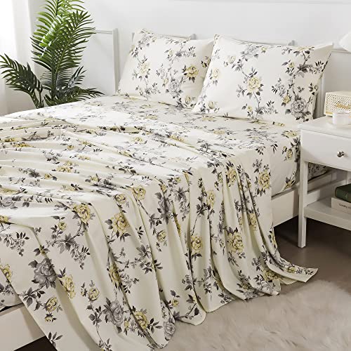 Image of FADFAY Floral Sheets Set Cal King Vintage Rose Floral Bedding Shabby Grey and Yellow Peony Sheets 800 Thread Count 100% Egyptian Cotton Super Soft Deep Pocket Fitted Sheet 4Pcs, California King Size