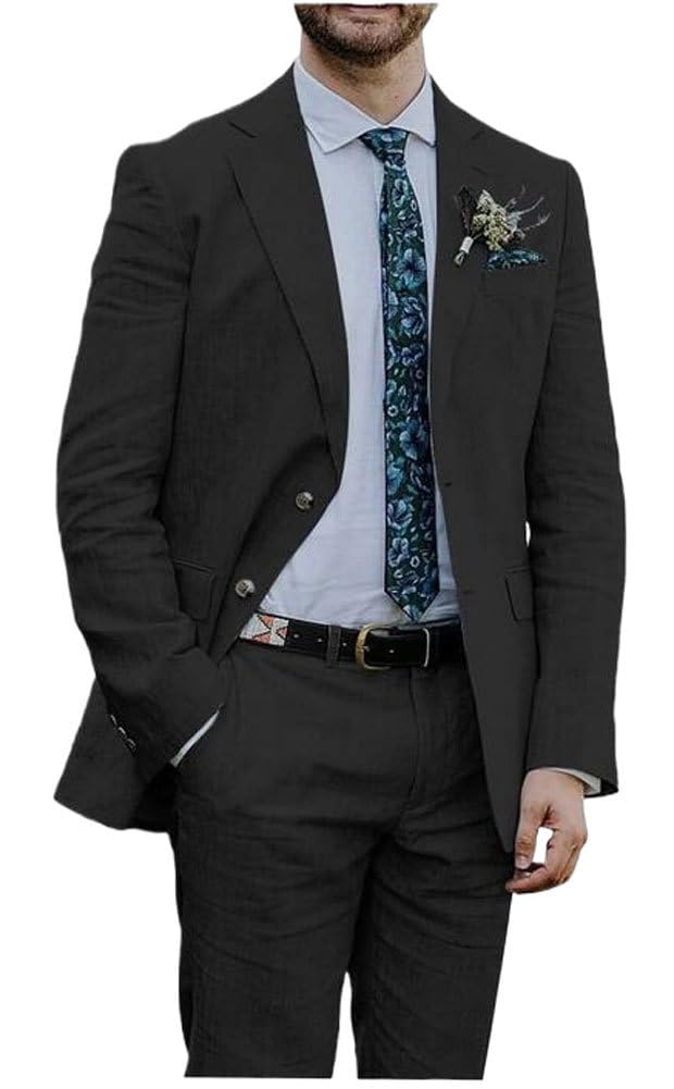 Botong Linen Suit for Men 2 PC Notch Lapel Summer Wedding Tuxedos Lightweight Prom Party Suit Black 38 Chest / 32 Waist