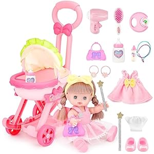 deAO Baby Doll Stroller with 12 inch Doll,12″ Baby Doll Role Play Set with Foldable Doll Stroller,16 PCS Baby Doll Accessories,Doll Nursery Play Set for 3 4 5 6 Girls Kids