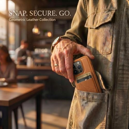 Image of amazon basics Premium Vegan Leather Back Cover with Card Holder and Integrated Mobile Stand for iPhone 14 Pro - Slim Shockproof Wallet Case with Geometric Stitching [Tan]