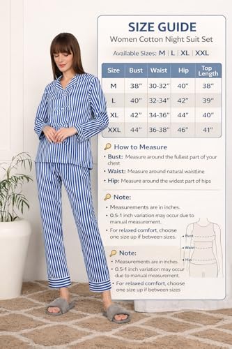 Image of Vlazom Women Cotton Striped Night Suit Set with Pocket | Full Sleeve Shirt & Pajama Co-Ord Set | Soft Breathable Sleepwear with Bow Detail | Comfortable Loungewear for Home