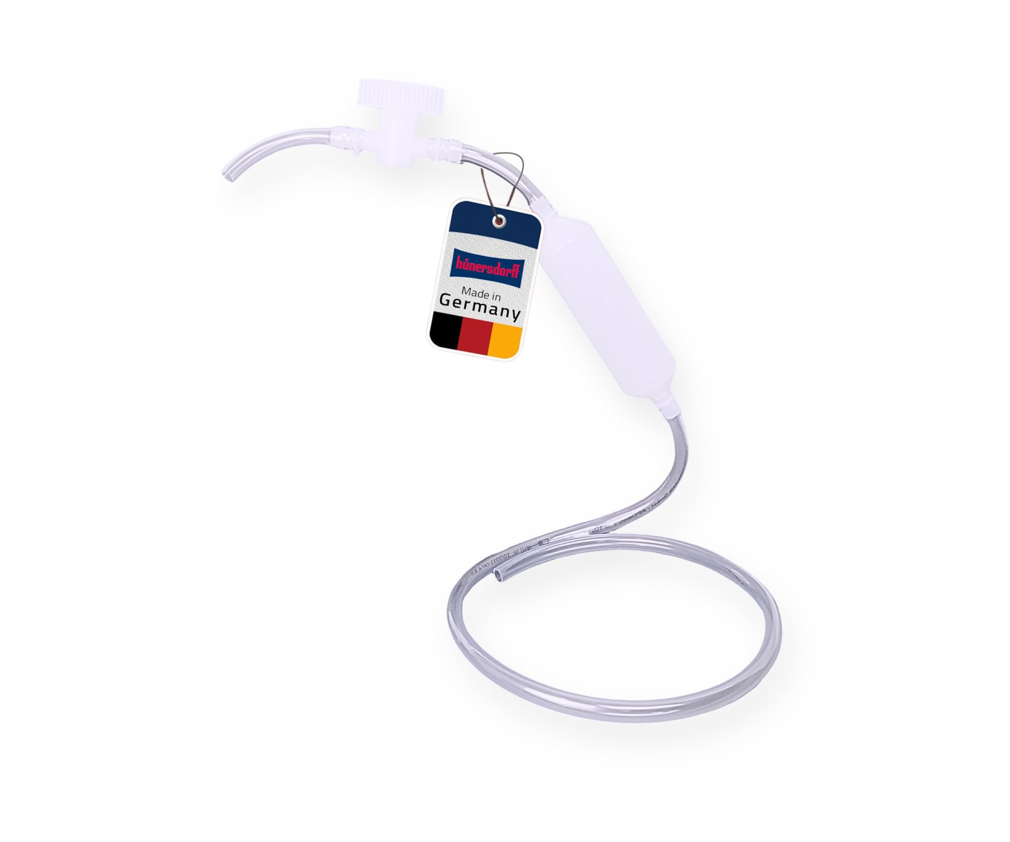 hünersdorff Ansaugpumpe mit Absperrhahn & Schlauch – Vielseitige Handpumpe - Siphon Pumpe für Benzin, Lebensmittel, Chemikalien – Transferpumpe, transparent, Made in Germany