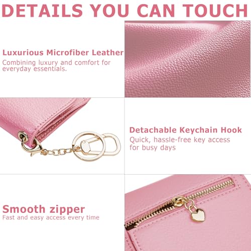 Image of Women Small Wallet RFID Blocking Slim Wallet with Coin Pocket Tri-Fold Credit Card Holder with ID Window and Keychain(Pink)