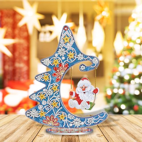 Image of AiYuanzsh Christmas Tree Diamond Art Tabletop Ornament with Santa Hanging Charm, Acrylic Diamond Painting Desktop Decoration Kit, DIY Holiday Diamond Art Crafts Kits for Adults, 9.06 x 11.61 inch
