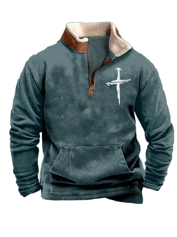 ZOCANIA Mens Western Sweatshirts Aztec Pullover Henley Shirts with Pockets Cowboy Cross Print Long Sleeve 1/4 Zip Jacket